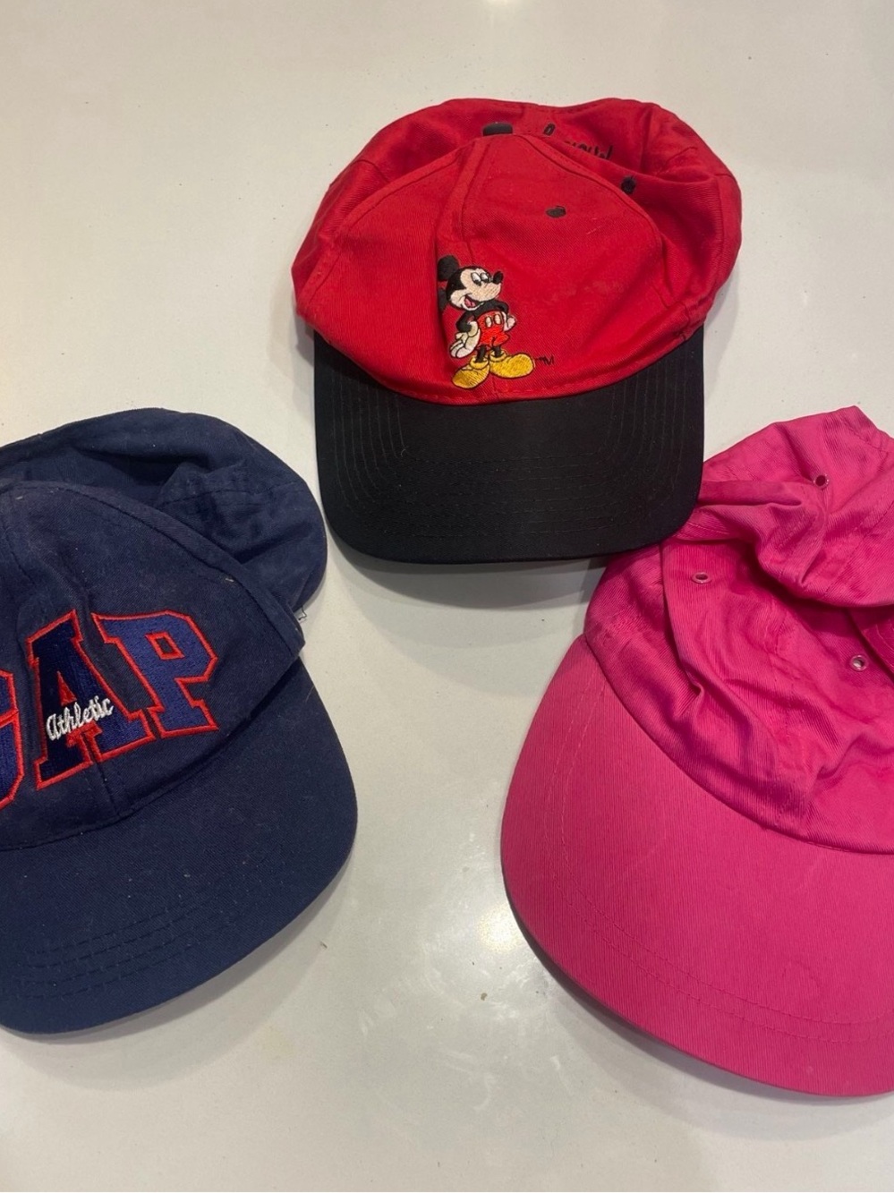 GAP Trio: Red & Black Mickey Cap, Navy GAP Logo Cap, Hot Pink Solid Cap